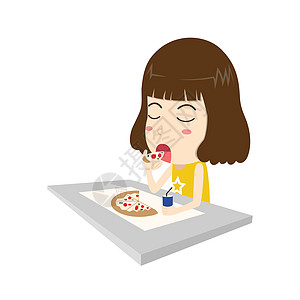 快乐的年轻女性在桌边吃披萨 孤立白色背景的矢量插图图片
