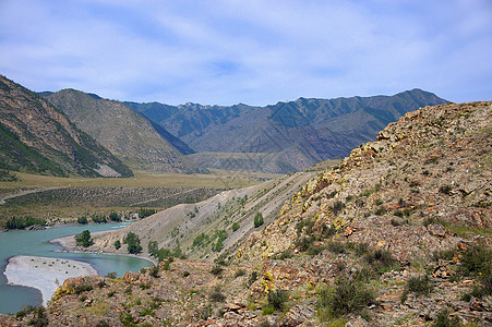 卡通山观察台的Katun河床景象 Altai 西伯利亚 俄罗斯背景