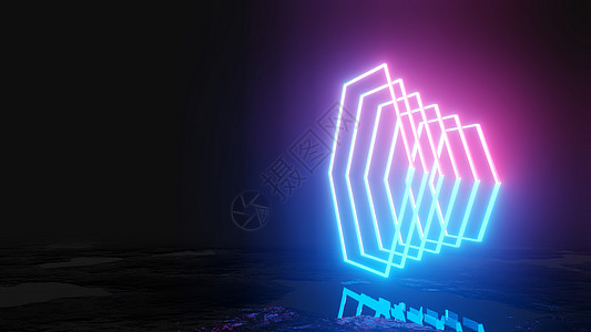 深色背景上发光的霓虹灯六边形蜂窝虚拟现实彩虹插图展示安装蓝色门户网站技术游戏背景图片