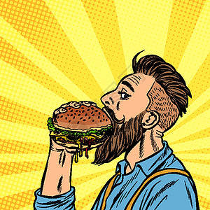 男人吃汉堡汉堡午餐胡须成人商业流行音乐漫画芝士早餐潮人男性图片