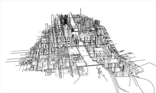 概述城市概念 线框样式艺术建筑学插图草图地平线建筑绘画房子景观白色图片