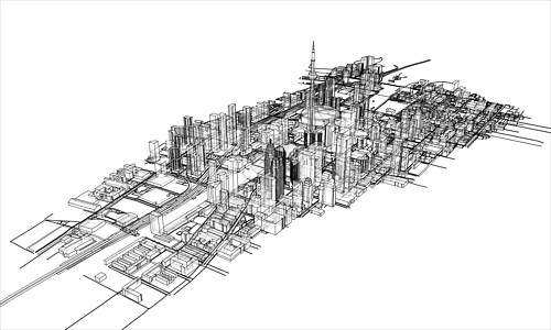 概述城市概念 线框样式地平线街道白色插图房子建筑摩天大楼绘画建筑学景观图片