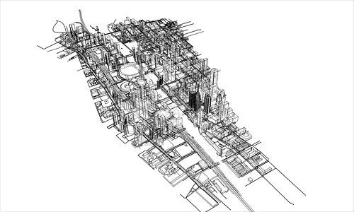 概述城市概念 线框样式建筑地平线墨水街道绘画场景市中心草图摩天大楼白色图片