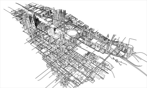 概述城市概念 线框样式鸟瞰图建筑建筑学地平线插图市中心摩天大楼绘画街道场景图片