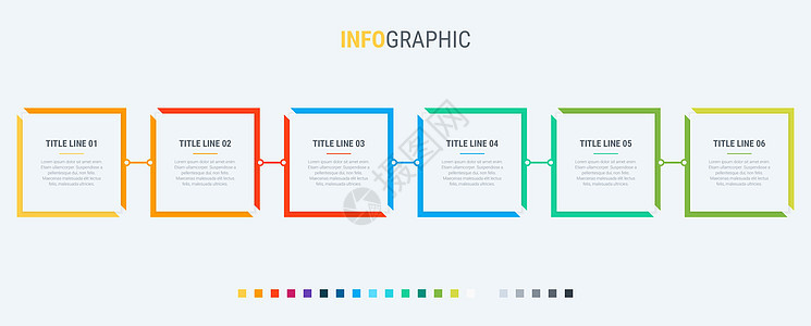 彩色图表 信息图表模板 包含 6 个步骤的时间轴 业务的矩形工作流过程 矢量设计空白脚步一体化数据通讯技术项目商业工作正方形图片