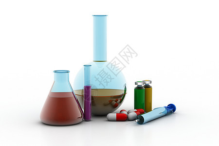 实验室火瓶和配有药品的测试管化学乐器注射实验测量烧瓶胶囊反射液体技术图片