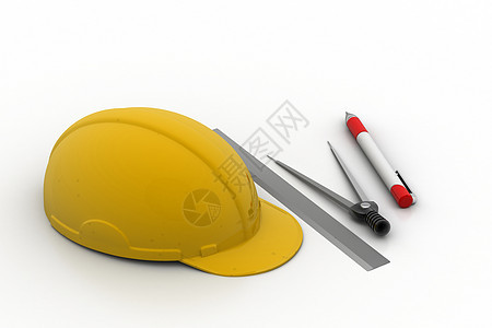 带有安全帽子的建筑制图工具Name工作文书测量公寓办公室工程建筑师技术铅笔草稿图片