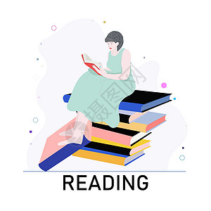读书概念 女孩坐在一堆书上 注解 插图图片