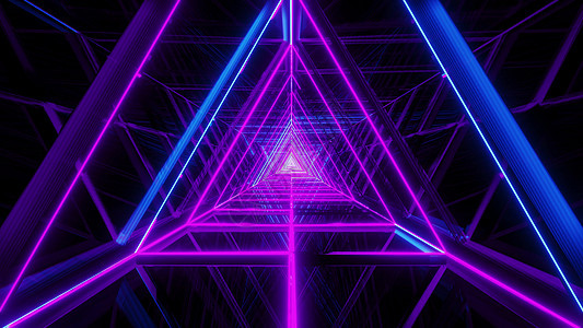 蓝色紫色三角铁丝网框架背景壁圆纸3d的抽象光亮玻璃渲染反光运动插图反射子三角形隧道背景图片