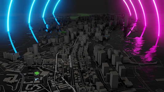 未来派的夜城 赛博朋克风格 3D 图案景观建筑学运动市中心技术反思市场圆圈反射摩天大楼图片