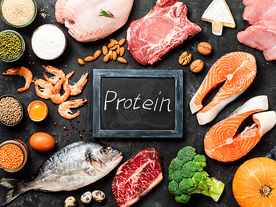 蛋白素来源概念 最高视图或平面胸部对虾食物饮食豆子坚果奶制品动物黑板植物图片
