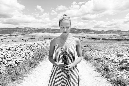 夏季 身着夏装的白人年轻女性手持薰衣草花束 在帕格岛多岩石的克罗地亚海岸景观中享受纯地中海的自然风光旅游自由农村女孩连衣裙和平香图片