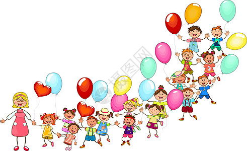 孩子们散步时带着气球玩得开心图片
