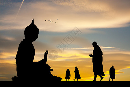 日落时寺庙的佛教僧侣文化长袍男人仪式插图艺术佛教徒供品祷告橙子图片