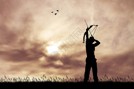 人用弓箭打猎箭头荒野哺乳动物水牛插图日落背景图片