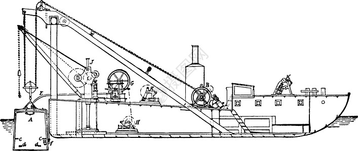 驳船与潜水钟复古插图背景图片