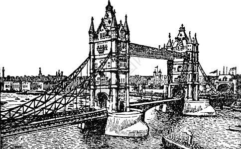 伦敦塔桥复古插画绘画雕刻插图艺术白色黑色图片