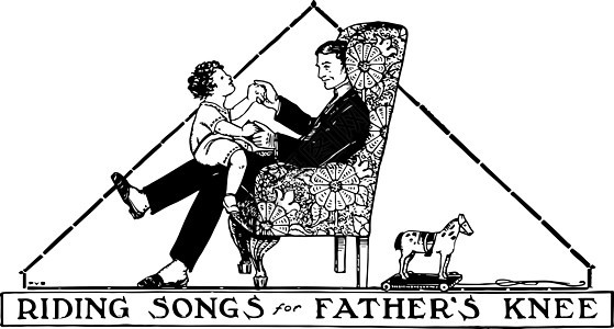 男孩骑在父亲的膝盖上复古插画背景图片