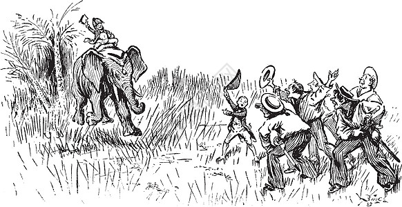 中尉骑大象 古老的插图图片