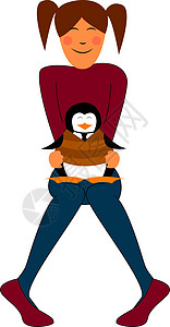 一个在大腿 向量或颜色插图上有企鹅的女孩图片
