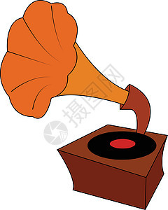 古老的棕色和橙色留声机 黑色黑乙烯基唱片图片