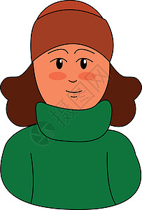 在绿色毛衣矢量插图中微笑的褐色头发女孩图片