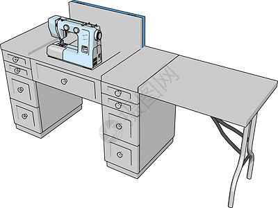 3D 工作桌上缝纫机的三维矢量插图 hh裁缝白色机器木头工艺桌子创造力女裁缝剪裁商业图片