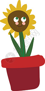 红色盆栽矢量或彩色错觉中的卡通搞笑快乐向日葵背景图片