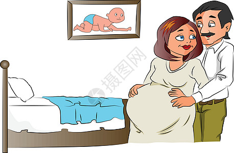 妻子怀孕男人抚摸怀孕妻子肚子的矢量图插画