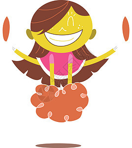 欢呼和跳跃的年轻黄色啦啦队长绒球黑发插图丝带运动女性戏服喜悦头发女孩图片