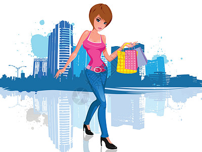 城市中拿着购物袋的年轻妇女女士礼物黑发购物中心购物者蓝色高跟鞋景观摩天大楼女孩图片