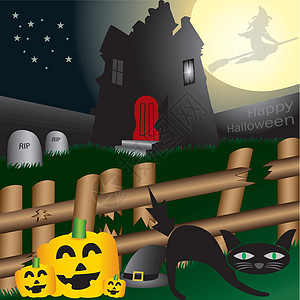 印刷打印栅栏季节性红色月亮南瓜房子扫帚灯笼惊吓插图图片