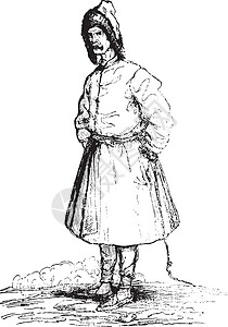 立陶宛复古雕刻的冬季套装蚀刻艺术插图古董艺术品历史绘画白色皮革外套图片