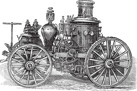 Amoskeag 蒸汽动力消防车复古雕刻机械化工艺古董蚀刻草图历史绘画轮子艺术机械图片