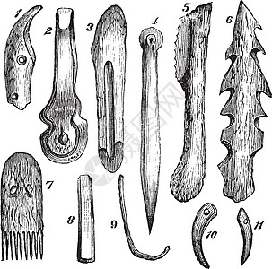 中发现的骨器燧石和木头材料獠牙红豆杉鱼叉艺术品骨凿雕刻松树鹿角角落图片
