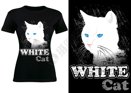 白色猫的黑色T恤衫设计图片