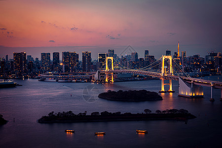 东京天际与东京塔和彩虹桥在日本夜间日落景观观光建筑建筑学港口办公室地标彩虹旅行图片
