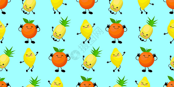 SEAMLESS模式异国水果香蕉 橙子 菠萝果樱桃红 可爱可爱的脸孔 厨房纺织或包装纸果汁热带织物食物微笑漫画卡通片柠檬表情贴纸图片