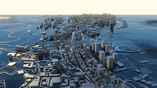 3D 插图 阳光明媚的未来城市景观天空市中心盒子反射全景房子蓝色建筑师办公室图片