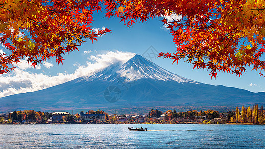 日本川口子湖的秋季和藤山反射天空场景火山地标风景旅游季节树叶樱花图片