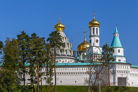 俄罗斯新耶路撒冷修道院蓝色地标白色圆顶建筑建筑学历史金子教会天空图片