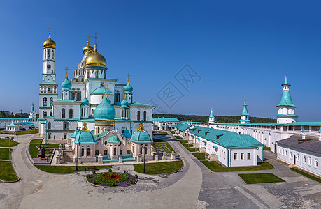 俄罗斯新耶路撒冷修道院领土金子天空历史全景旅行庭院教会地标圆顶背景图片