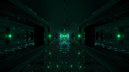 未来派发光的科幻隧道走廊与 massiv 漂亮的反射 3d 插图壁纸背景艺术运动墙纸小说蓝色玻璃绿色窗户反光渲染背景图片