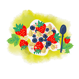 装在盘子里极简的树莓新鲜草莓蓝莓和杏仁在五颜六色的 watercol设计图片