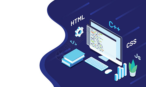 具有不同编程 lan 的桌面的等距插图海报技术浏览器软件电脑笔记本开发商公司网站编码图片