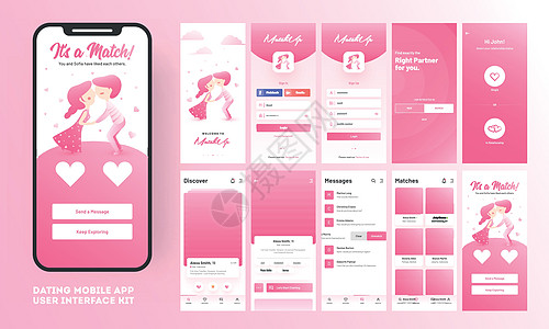 约会应用程序 ui 套件 用于响应式移动应用程序或带有 dif 的网站预览手机女士服务界面社交触摸屏小样媒体反应图片