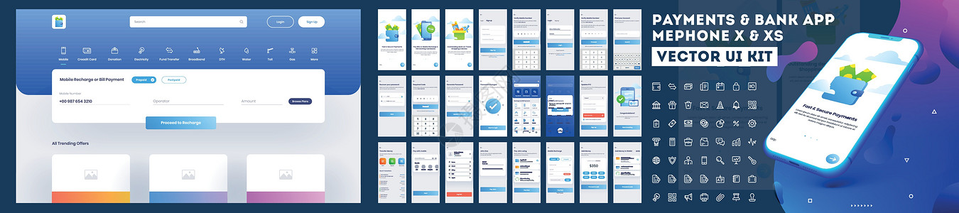 带有网站菜单的在线支付或银行应用程序 UI 套件图片