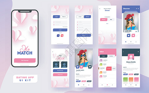 约会应用程序 ui 套件 用于响应式移动应用程序或带有 dif 的网站网络界面屏幕媒体电子商务手机婚礼用户男人女士图片