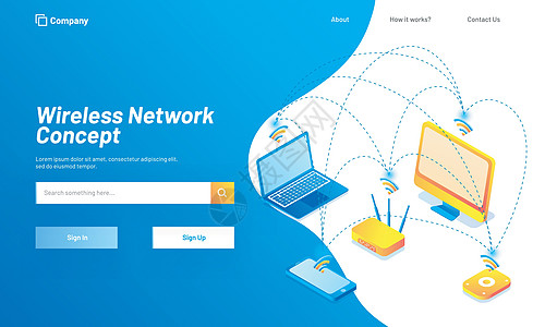 基于无线网络概念的着陆页设计与等距图片