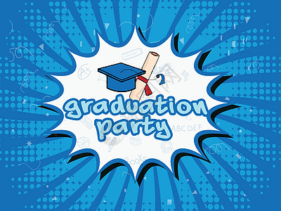 毕业党海报或模板设计 用 Il 制作纪念日话框卡片赞扬舞会知识学生插图帽子蓝色图片